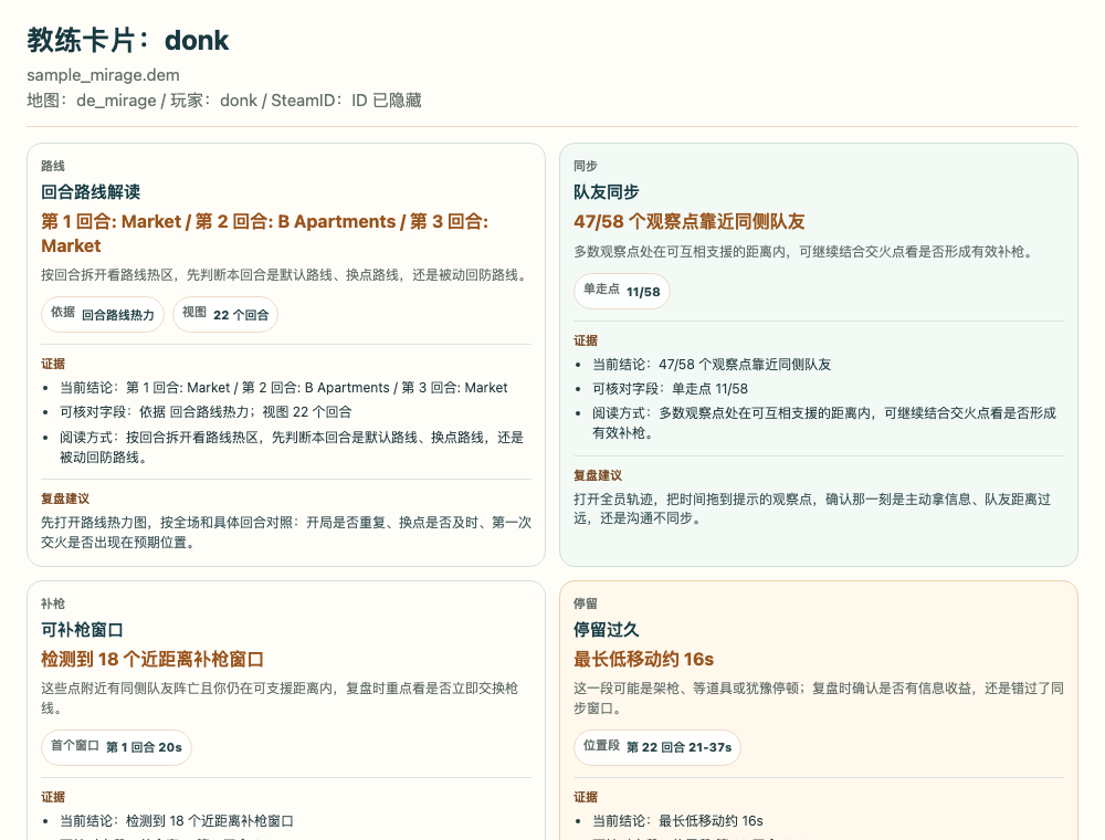 脱敏示例截图：教练卡片展示路线、同步、补枪窗口和停留证据